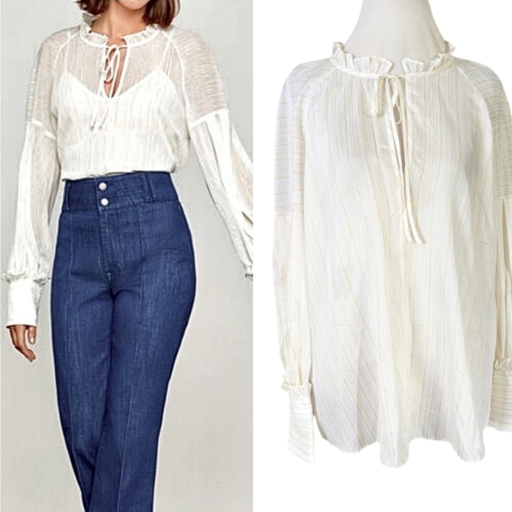 BCBG Top Large Metallic Shimmering New Off White Gold Striped Semi Sheer Boho